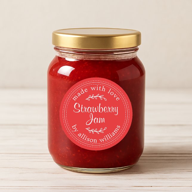 Rustikale hausgemachte Strawberry Jam Red Runder Aufkleber (Von Creator hochgeladen)