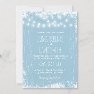 Rustikale hellblaue Lichterketten Hochzeit Einladung