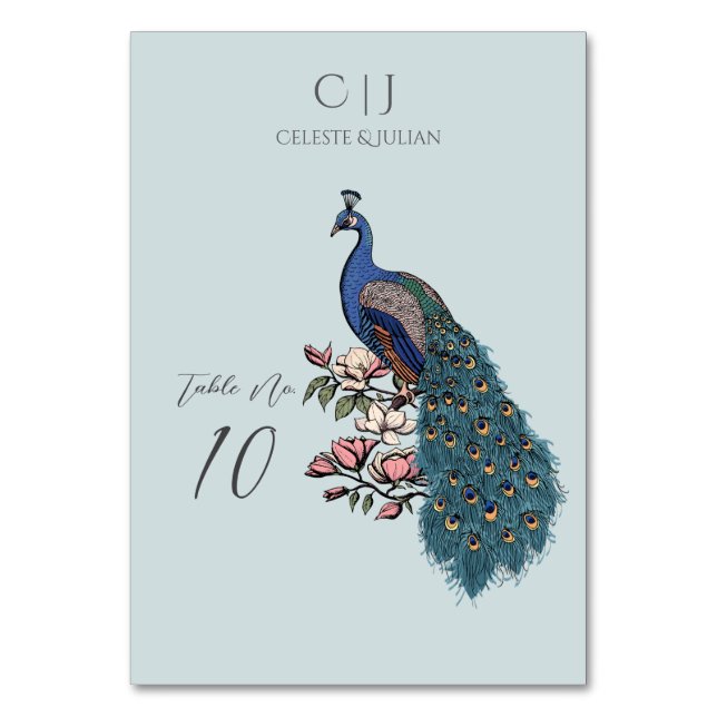 Rustikale hellblaue Pfau-Hochzeitstisch-Nummer Tischnummer (Vorderseite)