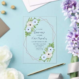 Rustikale hellblaue und weiße Blumen-Quinceañera  Acryleinladungen