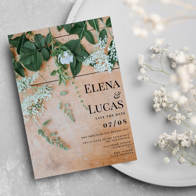 Rustikale hellbraune Holzblumen Einladung (Rustic light brown wood floral backyard wedding)