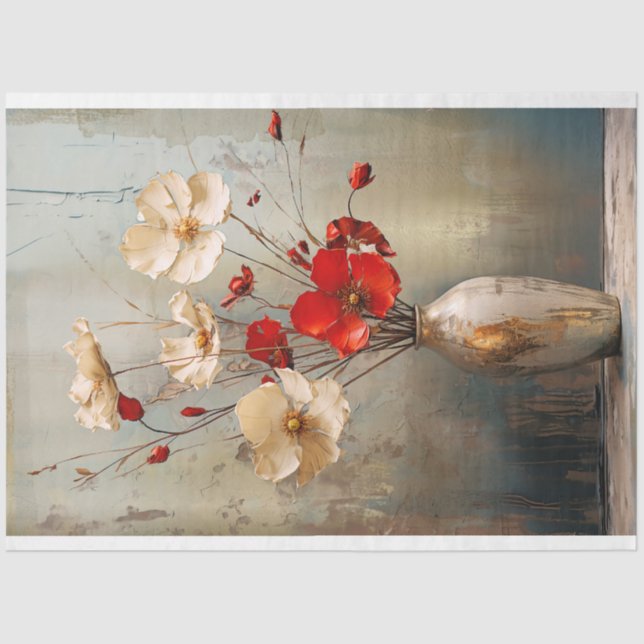 Rustikale hellgraublaue, beige & rote Blume & Vase Seidenpapier (Vorderseite)