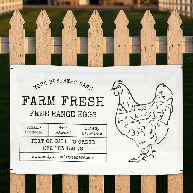 Rustikale Hennenfarm Marketing "Frische Eier" Banner (Fresh farm eggs marketing outdoor banner in black and white with rustic fonts & chicken illustration)