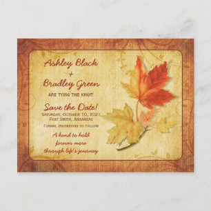 Rustikale Herbst-Ahornblätter Hochzeit Save-the-Da Postkarte
