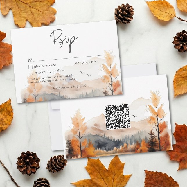 Rustikale Herbst-Bergszene Wasserfarbe QR-Code RSVP Karte (Von Creator hochgeladen)