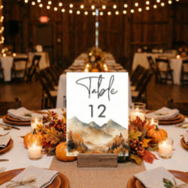 Rustikale Herbst-Bergszene Wasserfarben-Hochzeit Tischnummer
