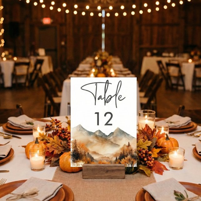 Rustikale Herbst-Bergszene Wasserfarben-Hochzeit Tischnummer (Von Creator hochgeladen)
