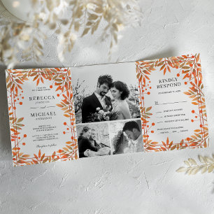Rustikale Herbst-Blatt-Foto-Collage-Hochzeit Dreifach Gefaltete Einladung