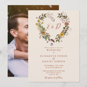 Rustikale Herbst-Blumen-Herz-Foto-Hochzeit Einladung