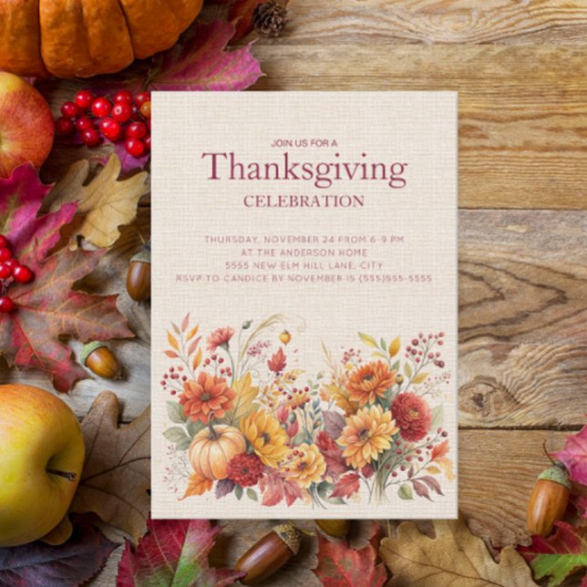 Rustikale Herbst-Blumen-Leinen-Dankeskarte (Autumn floral Thanksgiving Dinner invitation)