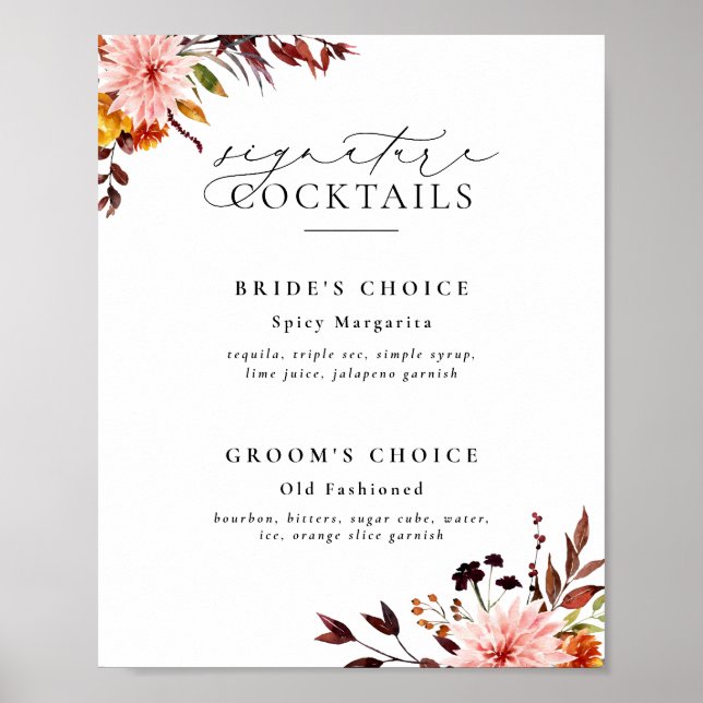 Rustikale Herbst-Blumen-Signatur-Drinks-Schilder Poster (Vorne)