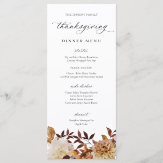 Rustikale Herbst-Blumen-Thanksgiving-Speisekarte Menükarte