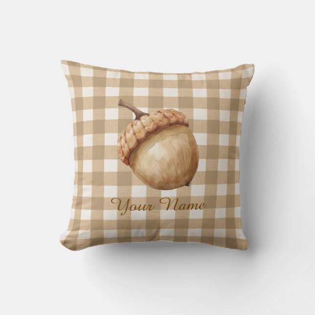 Rustikale Herbst-Eichel-Braun-Gingham-Personalisie Kissen (Vorderseite)