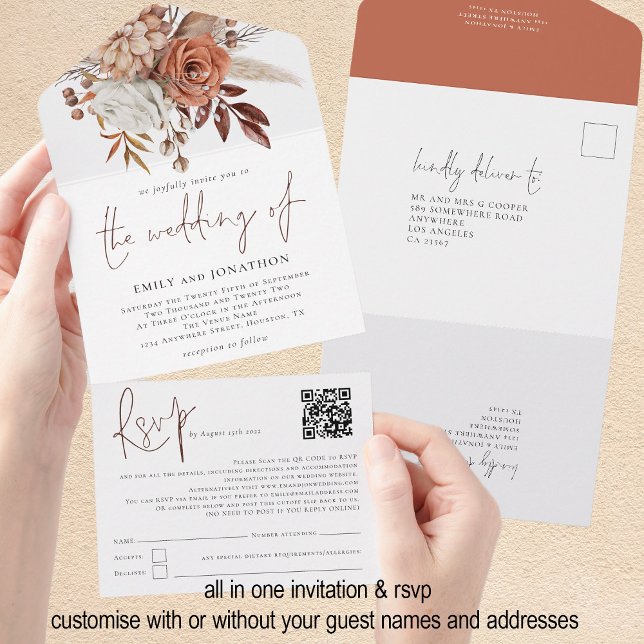 Rustikale Herbst Florals QR Code Skript Hochzeit All In One Einladung (All in one invitaion and rsvp - customise with or without your individual guest names and addresses)