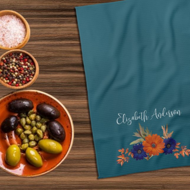 Rustikale Herbst-Orange-Navy-Blau-Blumen Geschirrtuch (Von Creator hochgeladen)