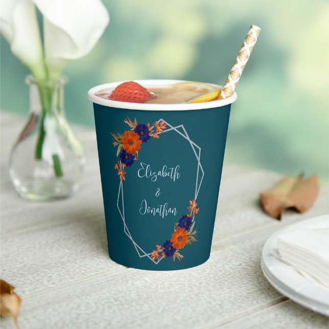 Rustikale Herbst-Orangenblauer Blumenhochzeit Pappbecher (In Situ)