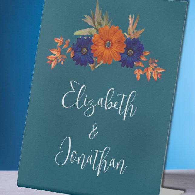 Rustikale Herbst-Orangenblauer Blumenhochzeit Sockelschild (Von Creator hochgeladen)