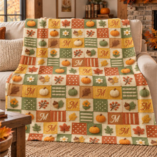 Rustikale Herbst-Patchwork-Kürbis-Monogramm Fleecedecke