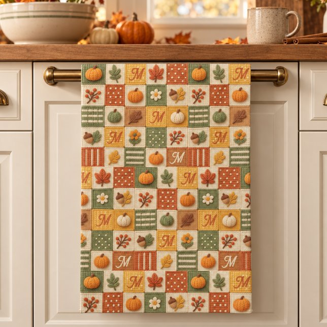 Rustikale Herbst-Patchwork-Kürbis-Monogramm Geschirrtuch (Von Creator hochgeladen)
