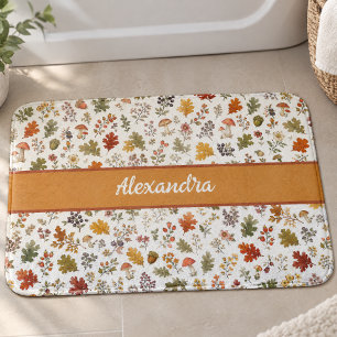 Rustikale Herbst-Pilz-Blätter Wald-Monogramm-Name Badematte