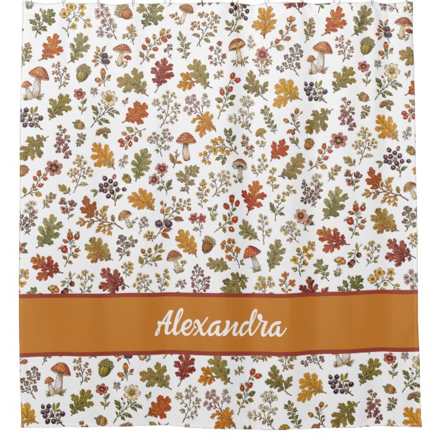 Rustikale Herbst-Pilz-Blätter-Wald-Monogramm-Name Duschvorhang (Vorderseite)