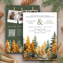Rustikale Herbst-Pine-Bäume QR-Code Hochzeit Einladung