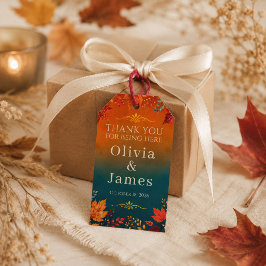 Rustikale Herbst-Tag- Teal- und Orange-Blatt-Hochz Geschenkanhänger