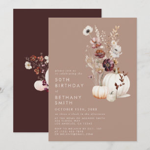 Rustikale Herbst-Taupe-Blumen-Kürbis-Geburtstagsfe Einladung