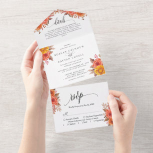 Rustikale Herbst-Terrakotta-Blumen-Hochzeit All In One Einladung