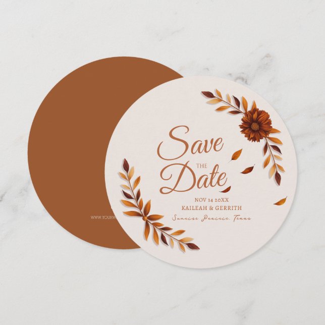 Rustikale Herbstblätter Burnt Sienna Beige Hochzei Save The Date (Vorne/Hinten)