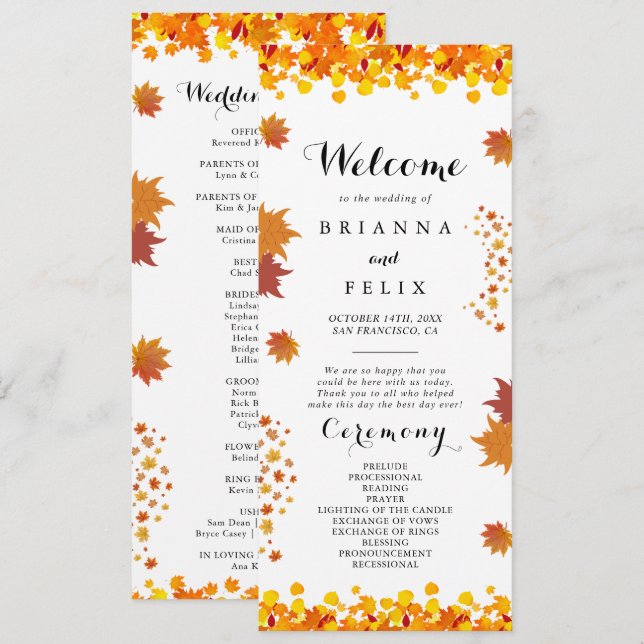 Rustikale Herbstblätter-Hochzeit Programm (Vorne/Hinten)
