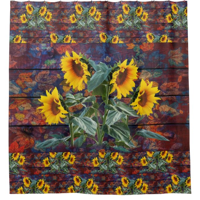 Rustikale Herbstblätter und Sonnenblumen Duschvorhang (Vorderseite)