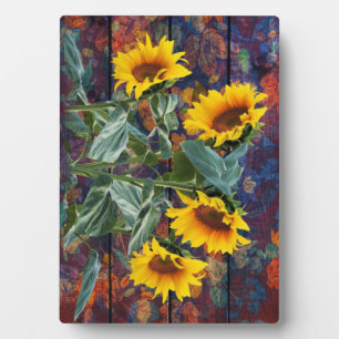 Rustikale Herbstblätter und Sonnenblumen Fotoplatte