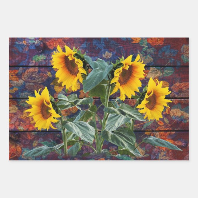 Rustikale Herbstblätter und Sonnenblumen Geschenkpapier Set (Vorderseite)