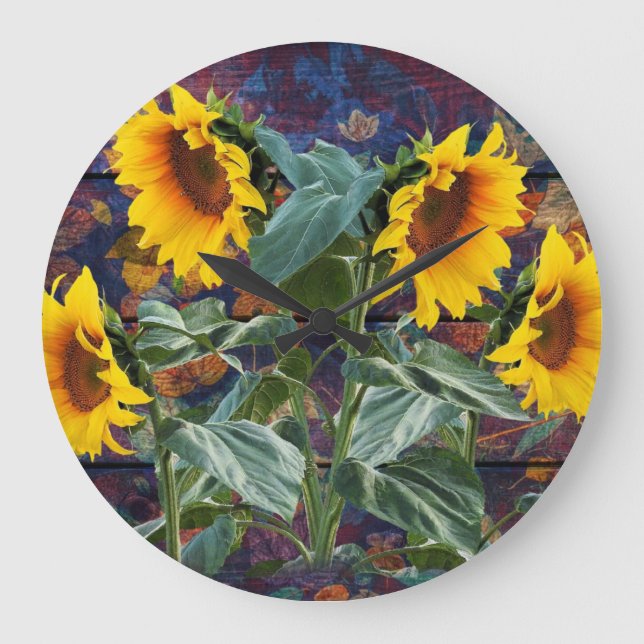 Rustikale Herbstblätter und Sonnenblumen Große Wanduhr (Vorderseite)