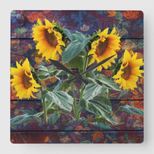 Rustikale Herbstblätter und Sonnenblumen Quadratische Wanduhr
