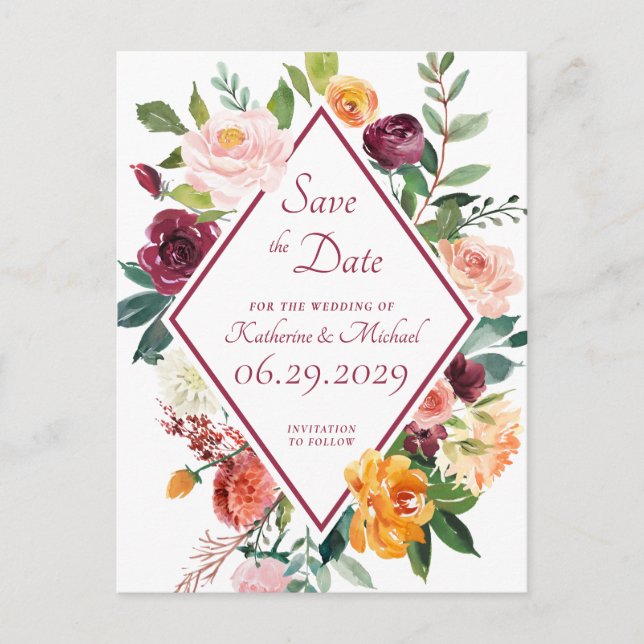 Rustikale HerbstBlume Rot Save the Date Postkarte (Vorderseite)