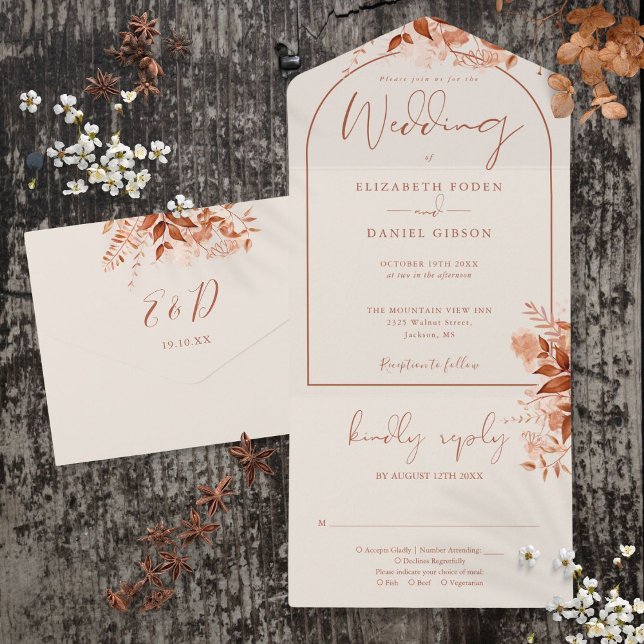 Rustikale Herbstblumenhochzeit All In One Einladung (Rustic Autumn Fall Floral Arch Wedding All In One Invitation)