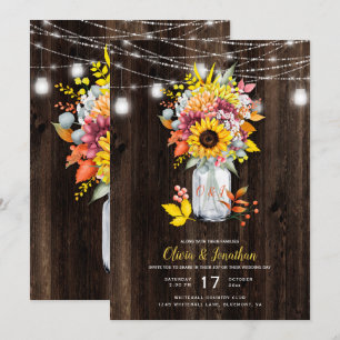 Rustikale Herbstblütenmason Jar Barn Wood Wedding Einladung