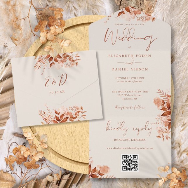 Rustikale Herbstfälle floraler QR-Code Hochzeit All In One Einladung (Rustic Autumn Fall Floral QR Code Wedding All In One Invitation)