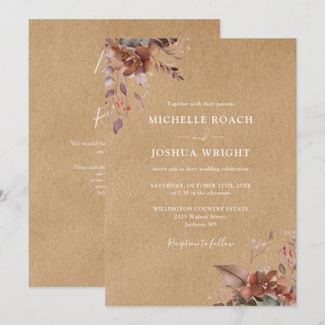 Rustikale Herbstfälle floraler QR-Code Hochzeit Einladung (Vorne/Hinten)