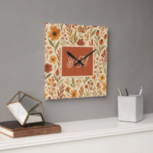 Rustikale Herbstfallvillen und florale Monogramm Quadratische Wanduhr