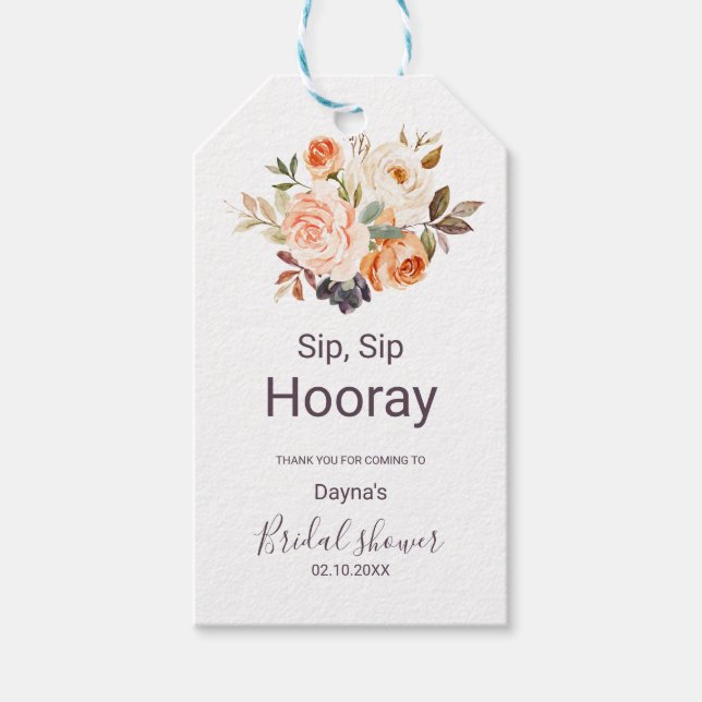 Rustikale Herbstflora Sip Hooray Brautparty Geschenkanhänger (Vorderseite)