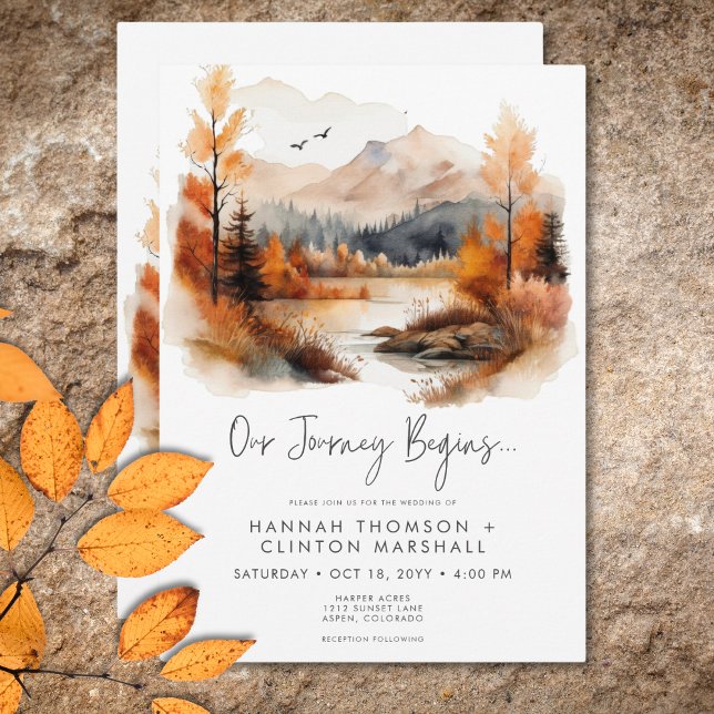 Rustikale Herbstgebirgslandschaft Wasserfarbenpräg Einladung (Rustic Fall Mountain Scene Watercolor Wedding Invitation)