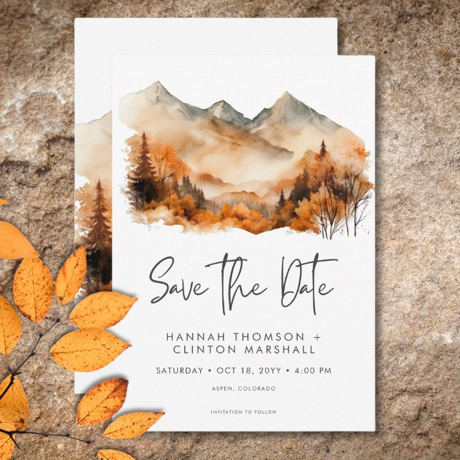 Rustikale Herbstgebirgslandschaft Wasserfarbenpräg Save The Date (Rustic Fall Mountain Scene Watercolor Wedding Save The Date)