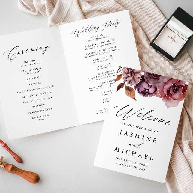Rustikale Herbsthochzeit Marsala Floral Wedding Programm (Von Creator hochgeladen)