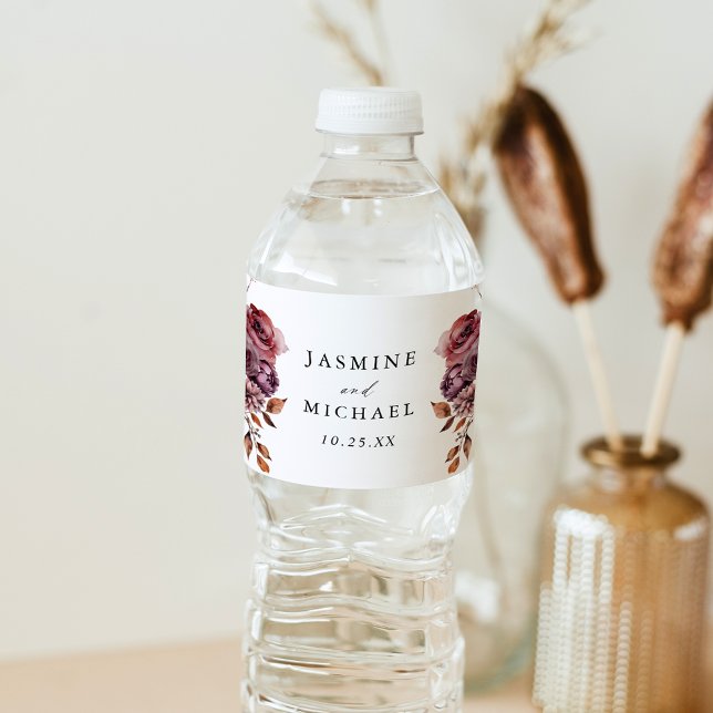Rustikale Herbsthochzeit Marsala Floral Wedding Wasserflaschenetikett (Von Creator hochgeladen)