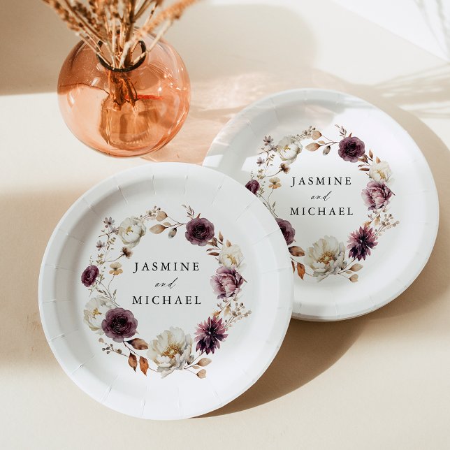 Rustikale Herbsthochzeit von Marsala Floral Wreath Pappteller (Von Creator hochgeladen)