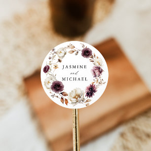 Rustikale Herbsthochzeit von Marsala Floral Wreath Runder Aufkleber