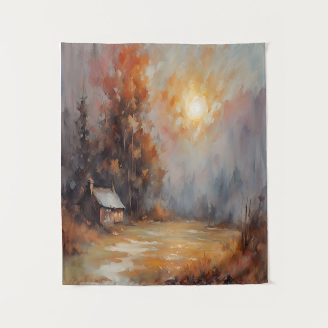 Rustikale Herbsthütte Landschaft Herbst Kunst Wandteppich (Vorderseite)
